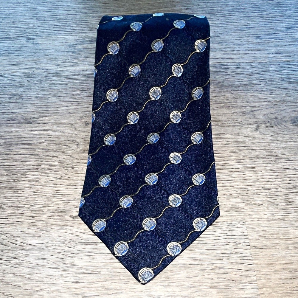 Roundtree & Yorke Men's 100% Silk Handmade Woven Tie Navy Gold Geometric